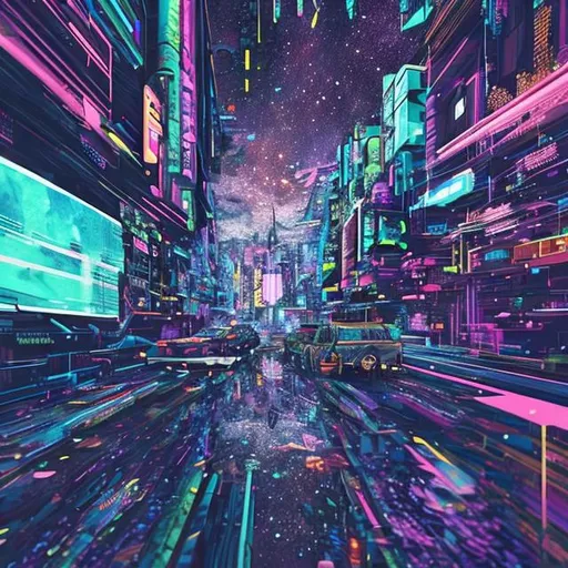 Prompt: The universe colliding with another universe multi colourful cyberpunk style 
