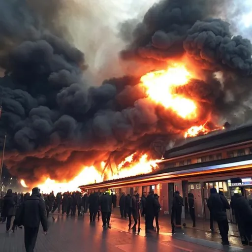 Prompt: train station on fire and people fleeing
