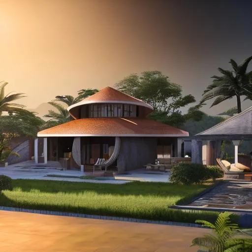 Prompt: modern design of beautiful detailed family house with a straw and copper roof and intricate and artistic congolese minerals details with elements of precolonial Congolese inspiration kinshasa, volumetric natural light wakanda style, cinematic light, ultra realistic, vray, far view, perspective landscape