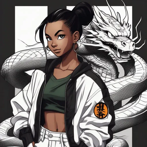 Prompt: Dragon Ball art style, young adult dark skin female, wearing black and white jacket, shenron background, black baggy pants, black short ponytail, black eyes.