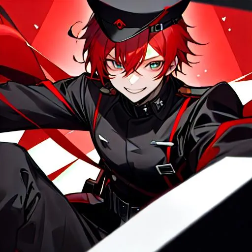 Prompt: red haired, male soldier, black hat, black clothing, smiling at the camera, cute