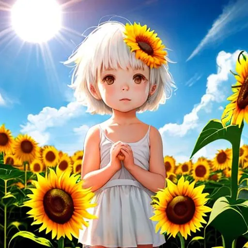 Cute little girl white short hairs, a sun flower, an... | OpenArt