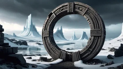 Prompt: magical portal between cities realms worlds kingdoms, circular portal, ring standing on edge, upright ring, freestanding ring, hieroglyphs on ring, broken ring, ruins, crumbling pillars, broken archways, ancient roman architecture, arctic wilderness setting, panoramic view, futuristic cyberpunk tech-noir setting