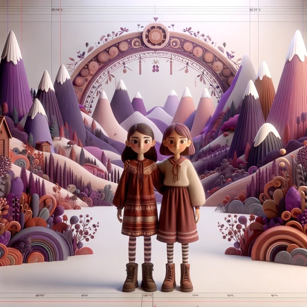 Prompt: A photo-realistic image of two girls of diverse descent standing prominently, without any GUI elements, set against a whimsical, folkloric mountainous backdrop. The color palette emphasizes violet and bronze, and the entire scene has the aesthetics of a cinema4d render.