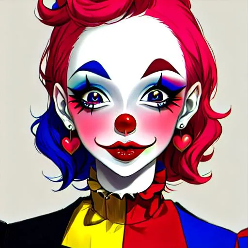 Prompt: A woman  clown, all in primary colors, cute clown makeup