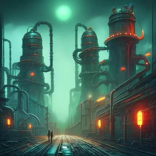 Prompt: Fantasy art style, painting, metal, chrome, Evil, dictatorship, green neon lights, neon lights, green lights, futuristic, power plant, nuclear power, biological mechanical, dystopian, war machine, pipes, cityscape, brutalist, fog, smog