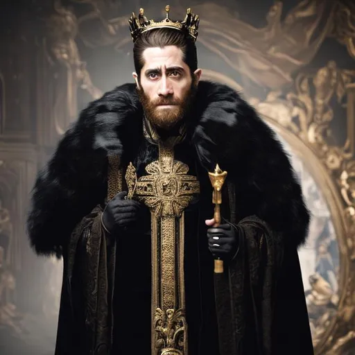 Prompt: jake gyllenhaal, athletic, king, emperor, black robe with gold details, fur black fur hat