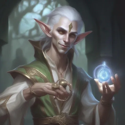 Prompt: eladrin dnd arcane trickster hi res, pale creepy looking elf, picking lock with magic