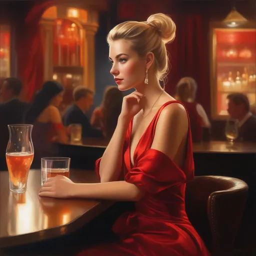 Prompt: A beautiful, young woman with blonde hair tied in a ponytail, around 30 years old, wearing a captivating red silk dress. The art style should evoke the fantasy genre, taking inspiration from the works of Greg Rutkowski. The woman is depicted sitting gracefully at a bar, immersed in the ambiance. The lighting is softly diffused, creating a warm and inviting atmosphere. The camera angle is a medium shot, capturing her from the waist up. The lens used is a 70mm lens, focusing on intricate details of her expression and attire. The background is richly detailed, showcasing the bar's unique features and fantastical elements. The image should be rendered in high resolution (8K) to bring out the mesmerizing intricacies of both the woman and the environment.