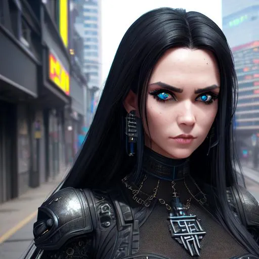 Prompt: Portrait of woman with {black} hair and with cute face, {cyberpunk city}, perfect composition, hyperrealistic, super detailed, long black dress, nordic runes on heands, 8k, high quality, blue energy eyes , trending art, trending on artstation, sharp focus, studio photo, intricate details, highly detailed, by greg rutkowski