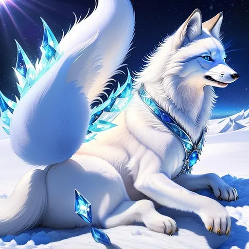 Prompt: remove tail, (masterpiece, highly detailed oil painting, best quality, 3D, UHD), a white fox-wolf hybrid with bashful hypnotic sapphire-blue eyes, 8k eyes, lying in the snow, deep blue fur, thick lavish blue mane, digital rendering, by Lorraine Fox, kitsune, emanating with blue aura, fluffy fox ears, white sparkles sunlight beams, header text, photo render, yee chong silverfox, beaming sunlight, very extremely beautiful, (plump:2), uv, professional, symmetric, golden ratio, unreal engine, depth, volumetric lighting, rich oil medium, (brilliant auroras), (ice storm), full body focus, beautifully detailed background, cinematic, 64K, UHD, Yuino Chiri, intricate detail, high quality, high detail, masterpiece, intricate facial detail, high quality, detailed face, intricate quality, intricate eye detail, highly detailed, high resolution scan, intricate detailed, highly detailed face, very detailed, high resolution, perfect composition, epic composition