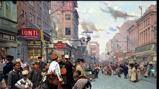 Prompt: Oil painting by Norman Rockwell a crowded city street in the late 1800's, RBG color pallete, award-winning cgi, blender 