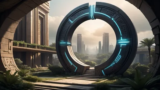 Prompt: magical portal between cities realms worlds kingdoms, circular portal, ring standing on edge, upright ring, freestanding ring, hieroglyphs on ring, complete ring, ancient babylonian architecture, gardens, turned sideways view, futuristic cyberpunk tech-noir setting