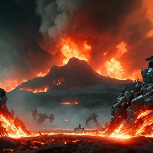 Prompt: photorealistic landscape, engulfed in fire with robots fighting
