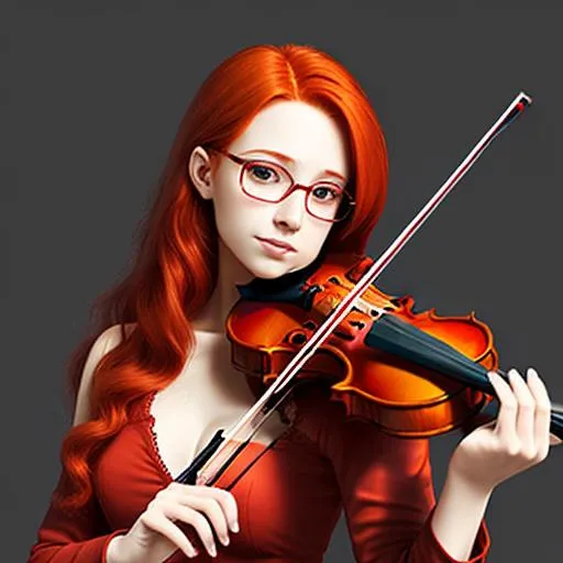 Prompt: human, female, red hair, beautiful, violin, glasses