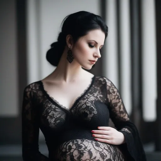 Prompt: pregnant woman, well endowed, bare midriff, goth, black lace, pale skin, photography,