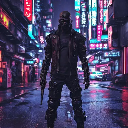 Prompt: New bearded anti-hero. Ex army mercenary. Futuristic. Bionic limbs. Cyber enhancements. Black and neon. Gritty. Anime. Neo tokyo. Holographic armour.  In rain. Devious trickster. Blade in hand. Blood. Dark