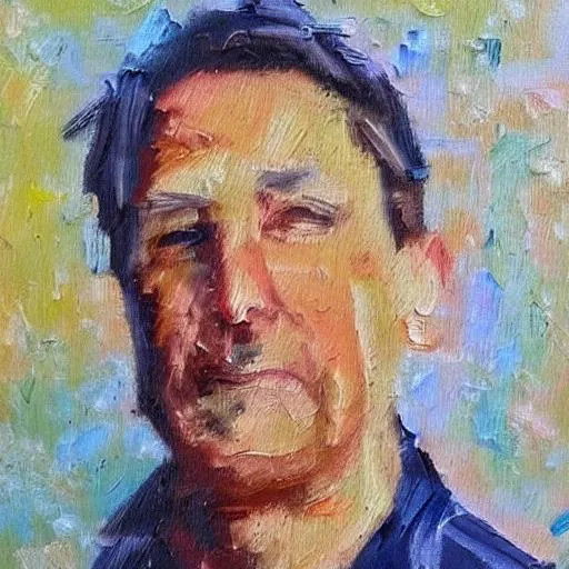 Prompt: Create a oil paint of a 48 years old man, with a friendly personality, in a profissional environment. This paint have to be a impressionist  