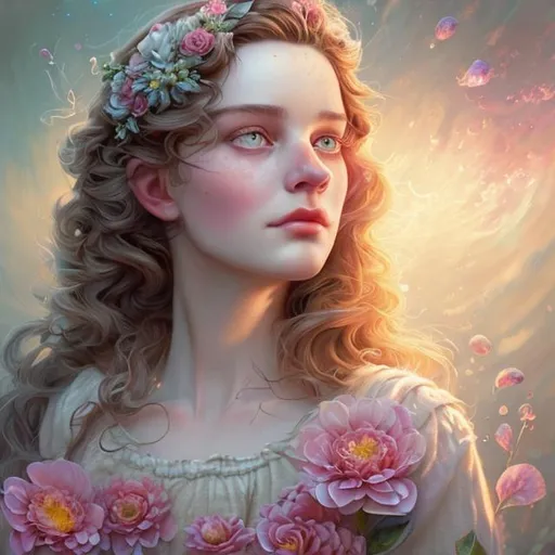 Prompt: Young Peggy blooms our boniest lass, Her blush is like the morning, The rosy dawn, the springing grass, With early gems adorning. Her eyes outshine the radiant beams That gild the passing shower, And glitter o'er the crystal streams, And cheer. Art by Kathrin longhurst, Anna Dittmann, Alexander Jansson, Arthur Rackham, eyvind earle, best quality, cinematic smooth, polished finish. 