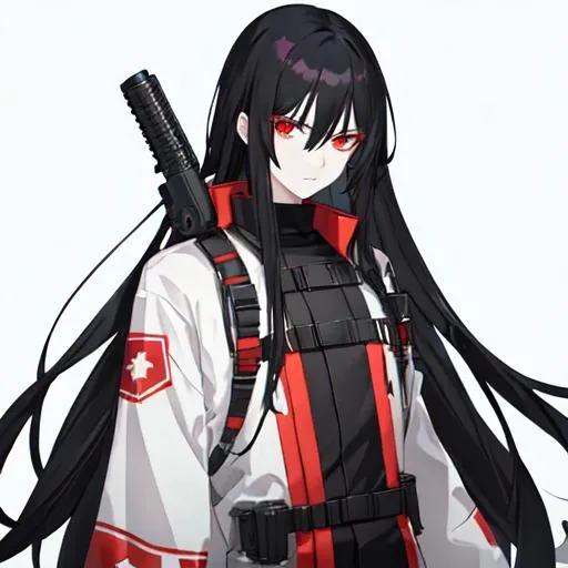 Prompt: 1male (pale) (long black hair) (red eyes) holding a gun, nuclear fallout