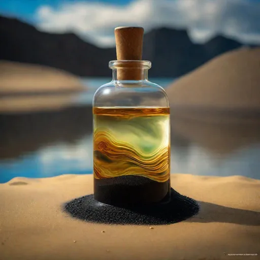 Prompt: A healthpotion in a neat vial, dirty with black sand and tar and oil, laying in the black sand of an oil lake, inside, cave, low-lighting, art by Stanley Lau and Artgerm and magali villeneuve and Alphonse Mucha, artstation, octane render, cgsociety, HDR, UHD, 64k, best quality, best quality, masterpiece:1.5)
