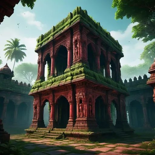 Prompt: War Temple Ruin, South Indian Architecture, entire structure, ghostly atmosphere, partly overgrown by djungle, red and black marble materials, lush green surroundings, intricate carvings and ornate details, immersive world-building, high quality, detailed, epic scale, fantasy, game style, vibrant colors, atmospheric lighting