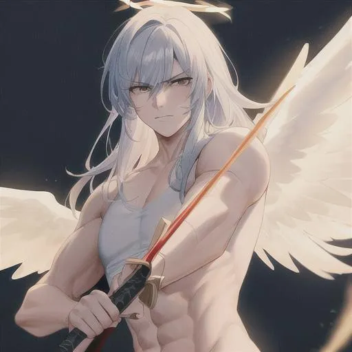 Prompt: 4k  on Tough looking male angel with wings and a halo (detailed face), wielding a holy sword, fighting
