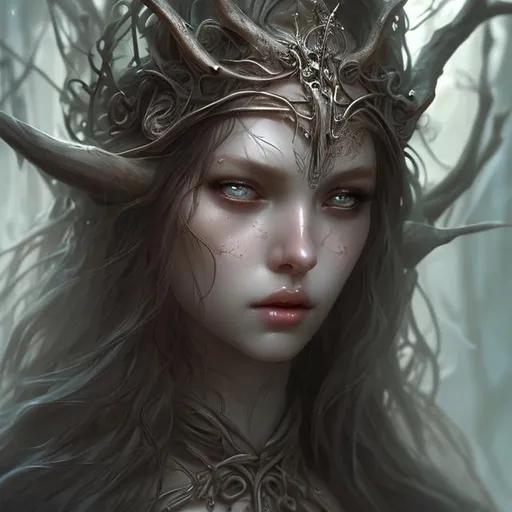 Prompt: beautiful blind elven woman, fantasy, long beautiful hair, smooth skin, no eyes, bone charms, bone headdress, soft lighting, detailed face, digital painting