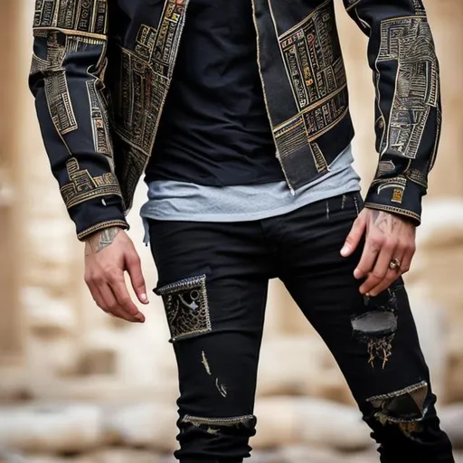 Prompt: Men's black jeans jacket with a design inspired by the ancient Egyptian civilization mixed with modern elegance