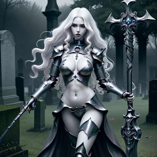Prompt: splash art, hyper detailed perfect face, full body, hyper realistic, highly detailed, dark, surreal cemetery,

beautiful, fantasy female ghost, curly hair, full body, long legs, sumptuous, visually appealing, perfect body, ultra pale skin, visible midriff, ultimate Fantasy, vibrant titanium armor, 

wearing heavy iron locked collar, staff wielder, casting ultra detailed magic fire balls,

high-resolution perfectly detailed feminine face, perfect proportions, ample cleavage, intricate hyper detailed hair, light makeup, demonic red eyes,

Dark, ethereal, elegant, exquisite, graceful, delicate, intricate, hopeful, glamorous, immaculate

HDR, UHD, high res, 64k, cinematic lighting, special effects, hd octane render, professional photograph, studio lighting, trending on artstation, perfect studio lighting, perfect shading.