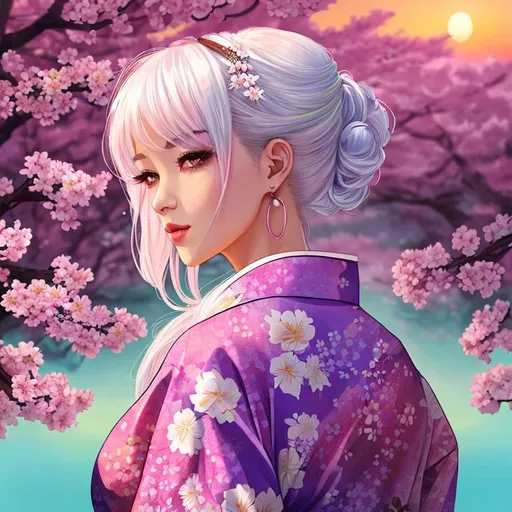 Prompt: draw me a beautiful girl wearing a floral kimono looking off at the sunrise. vaporwave aesthetic, white hair, colorful, sakura flowers, high resolution background,