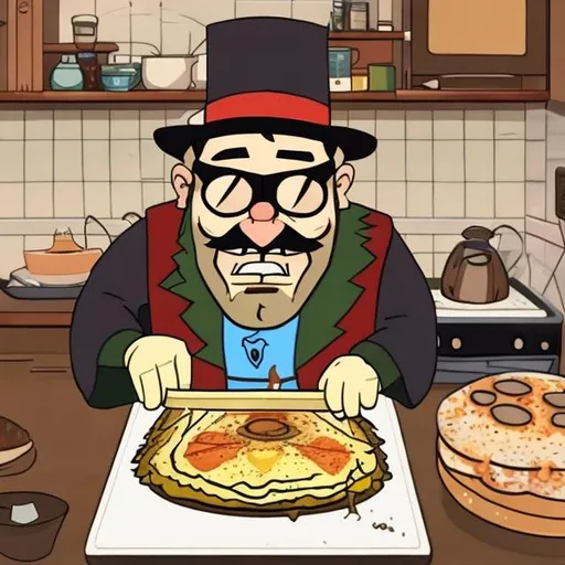 Prompt: Grunkle Stan from gravity falls making a omellete