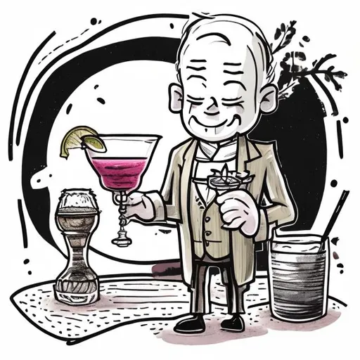 Prompt: A hand drawn picture of a happy small stiff man holding a cocktail, simple lines