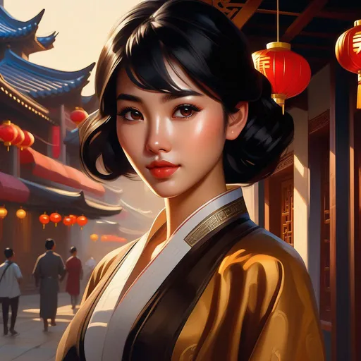 Prompt: Third person, gameplay, Chinese girl, olive skin, black hair, brown eyes, Shanghai, golden atmosphere, cartoony style, extremely detailed painting by Greg Rutkowski and by Henry Justice Ford and by Steve Henderson 