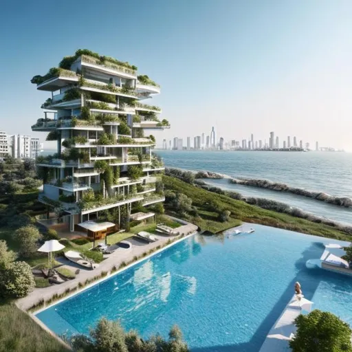 Prompt: A complete body form of a stunningly beautiful, hyper realistic sustainable with garden skyscraper at the beach over a skyline of an Adriatic Sea town
