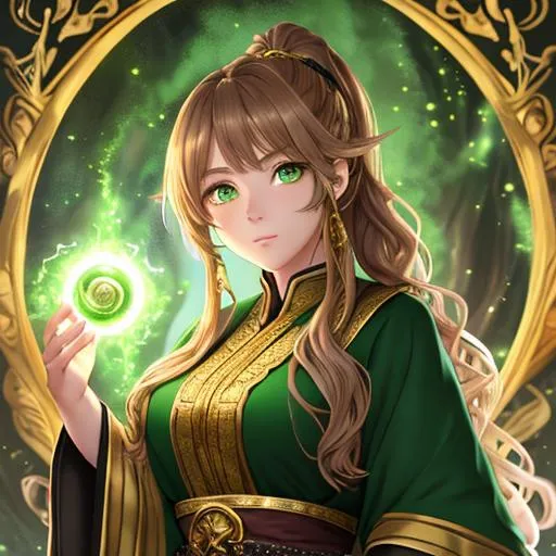 Prompt: "Full body, oil painting, fantasy, anime portrait of a young gold dwarf woman with wavy light brown hair in a ponytail and dark green eyes | Elemental earth sorceress wearing intricate green wizard robes casting a rock spell, #3238, UHD, hd , 8k eyes, detailed face, big anime dreamy eyes, 8k eyes, intricate details, insanely detailed, masterpiece, cinematic lighting, 8k, complementary colors, golden ratio, octane render, volumetric lighting, unreal 5, artwork, concept art, cover, top model, light on hair colorful glamourous hyperdetailed medieval city background, intricate hyperdetailed breathtaking colorful glamorous scenic view landscape, ultra-fine details, hyper-focused, deep colors, dramatic lighting, ambient lighting god rays, flowers, garden | by sakimi chan, artgerm, wlop, pixiv, tumblr, instagram, deviantart