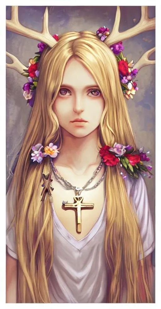 Prompt: Blond hair antlers flowers in her hair holding a rosary with a crucifix pendant