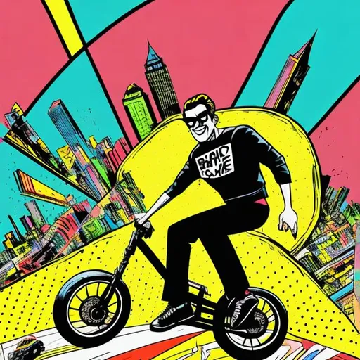 Prompt: pop art comic style, comic book cover, friendly man in black riding a bike, loose wheel flying, tumbling, vibrant, park background