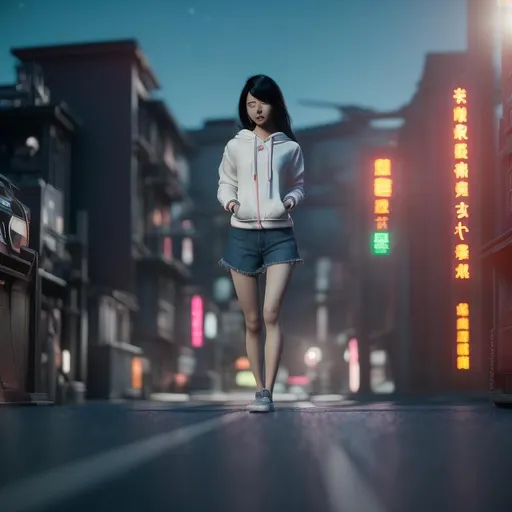 Prompt: Gorgeous giantess Asian woman, long black hair, stunning body, large chest, in a oversized neon pink hoodie. Wearing oversized green leggings. Hyper realistic. Intricately detailed. 8k resolution. Miniature Japanese busy street. 