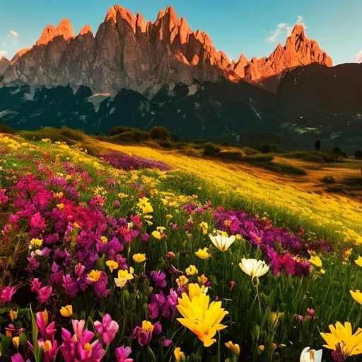 Prompt: give me an image of a field of flowers with mountains in the background
