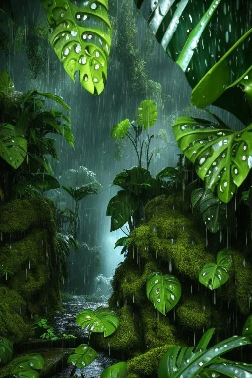 Prompt: A jungle, in heavy rain, monochrome, many drops of water falling from the leaves of plants, many drops splashing the water of the stream, vines everywhere, giant wet trees, masterpiece, best quality, high quality, wallpaper Extremely Detail CG Unity 8k, Oil Painting, Award Winning Photography, Bokeh, Depth of Field, HDR, Bloom, Chromatic Aberration, Photorealistic, Extremely Detailed, Trending on Artstation, Trending on CGsociety, Intricate, High Detail, Dramatic Volumetric Lighting