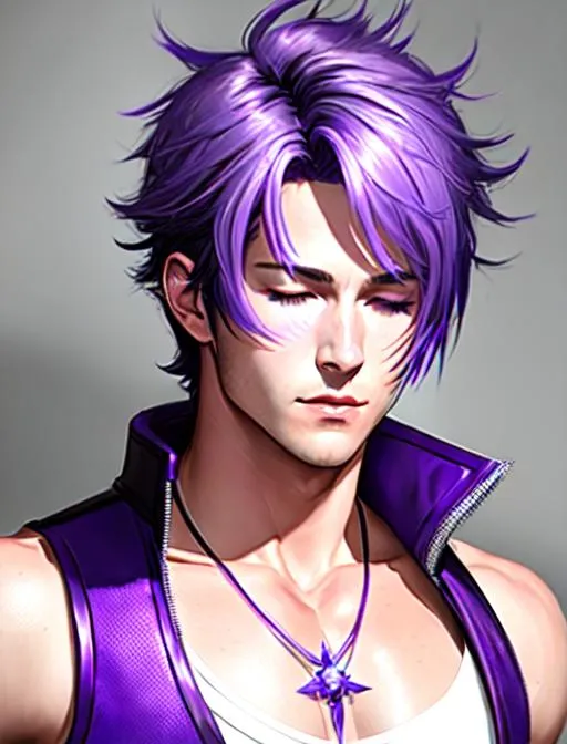 Prompt: Luke Perry, 26 years old male, purple hair cyberpunk blindfold, sleeveless, light purple hair bowl cut, eyes closed, battlefield, ethereal, white mage Artifact gear from FFXIV suit, jewelry set,handsome, royal vibe, eyes shut, highly detailed, digital painting, Trending on artstation , HD quality, tan skin,artgerm,  by Ilya Kuvshinov 