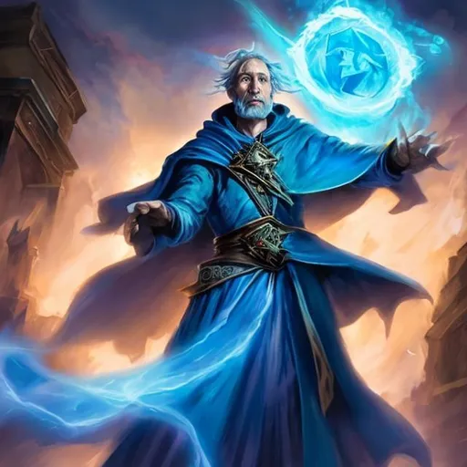 Prompt: A sorcerer in a blue cape straining to perform magic in the style of a magic the gathering card.