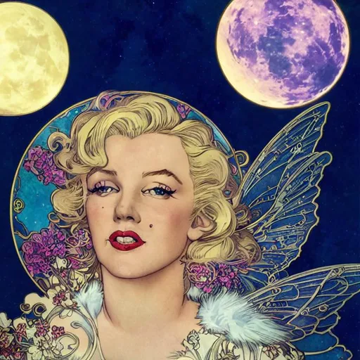 Prompt: Art nouveau poster by mucha and Artgerm portrait of Marilyn Monroe as a winged fairy, fluffy moon, gold filigree, swirling lines of pastel colors, award-winning cgi, blender 