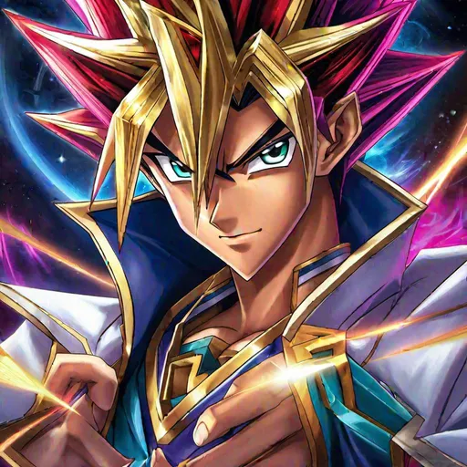 Prompt: A colorful, Full realistic portrait of Yugi Muto from Yu-Gi-Oh in the style by Artgerm. The painting should feature the iconic Yugi Muto's Millennium Puzzle, his signature duel disk, and his confident expression. The background should be a fantasy landscape, with a Duel Monsters arena in the distance. The painting should have a sense of movement, as if Yugi Muto is about to duel his opponent.