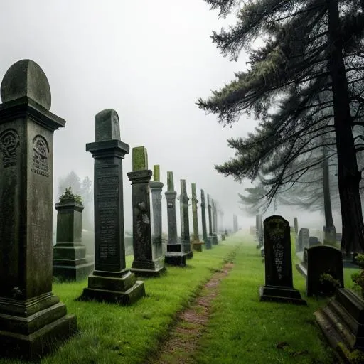 Prompt: Overgrown cemetery on a misty day, realistic, detailed tombstones covered in moss, eerie atmosphere, misty, foggy, haunting, highres, realistic, atmospheric lighting, somber color tones, detailed vegetation, overgrown, haunting, mist-covered, weathered tombstones, eerie ambiance, atmospheric fog, detailed cemetery scene