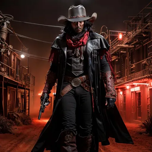 Prompt: Cyber Cowboy with 4 Arms, fiery red Poncho, Dressed in black duster and Stetson Cowboy Hat, with Red eyes, Haunting Presence, Intricately Detailed, Hyperdetailed, Desert Wild West Landscape, Dusty Midnight Lighting, Wild West Feel