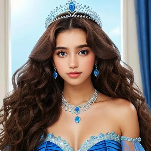 Prompt: Beautiful princess dressed in blue, wearing a tiara, long, brown,  very curly hair, dark brown eyes