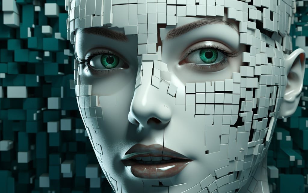 Prompt: a graphic illustration showing the face of a synthetic woman, in the style of surreal robotics, uhd image, mind-bending murals, shiny eyes, dark teal and white, 8k resolution, daz3d
