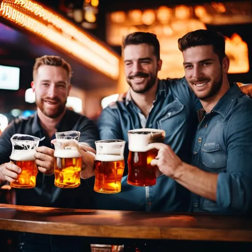 Prompt: Photo, 3 men holding beers in a bar
